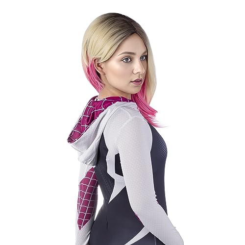 MUPUL Gwen Stacy Cosplay Wigs for Women Short Ombre Blonde Pink Spider Woman Wig Costume Wig for Girls Halloween Use (Blonde Pink/Gwen)