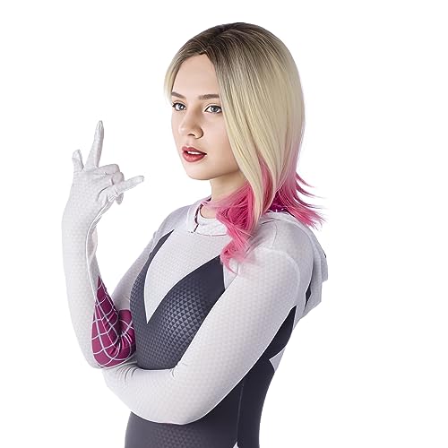 MUPUL Gwen Stacy Cosplay Wigs for Women Short Ombre Blonde Pink Spider Woman Wig Costume Wig for Girls Halloween Use (Blonde Pink/Gwen)