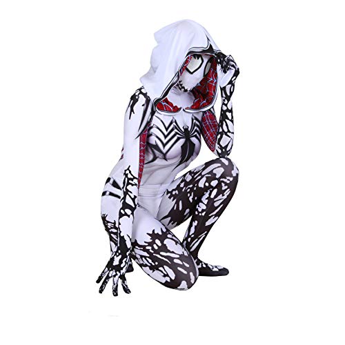asdfasdf Gwen Stacy Cosplay Costume Into The Spider Verse Gwenom Spandex Fabric Halloween Superhero Bodysuit (Adult-M(Height:63-65 Inch), White)… … …