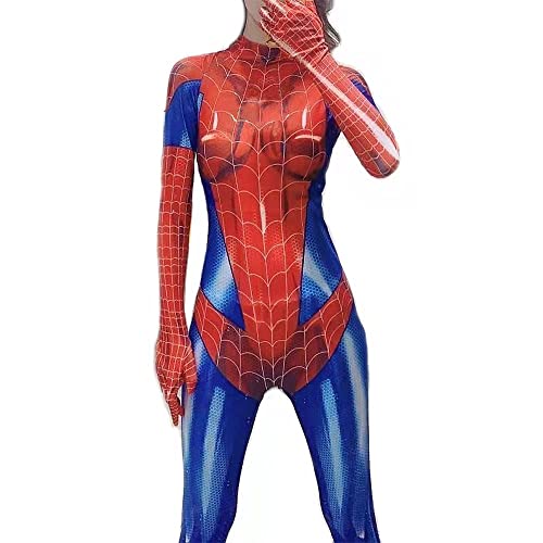 Spider Women Costume Bodysuit Adult with Mask and Lenses,Halloween Superhero Girl Cosplay Catsuit Jumpsuit Romper (2XL,Red)