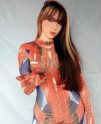 Spider Women Costume Bodysuit Adult with Mask and Lenses,Halloween Superhero Girl Cosplay Catsuit Jumpsuit Romper (XS,Red)