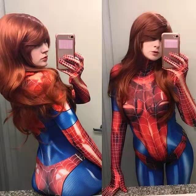 Spider Women Costume Bodysuit Adult with Mask and Lenses,Halloween Superhero Girl Cosplay Catsuit Jumpsuit Romper (2XL,Red)