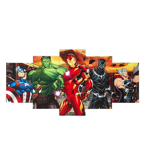 Idea Nuova Marvel Avengers Captain America, Hulk, Iron Man, Black Panther and Thor 5 Piece Canvas Printed Wall Art Décor Set, Overall 40" W x 20" H