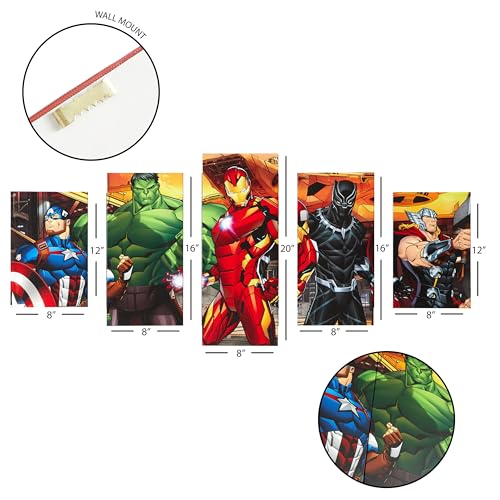 Idea Nuova Marvel Avengers Captain America, Hulk, Iron Man, Black Panther and Thor 5 Piece Canvas Printed Wall Art Décor Set, Overall 40" W x 20" H