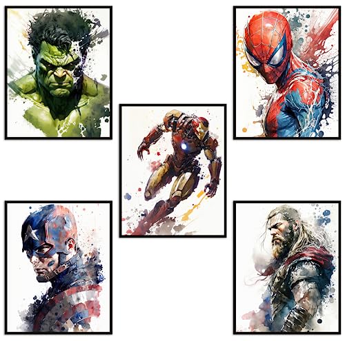 Superhero Watercolor Poster Superhero Room Decor For Boys Set of 5 Unframed (8''x10'') Superheros Wall Decor Posters for Boys Room Nursery Kids Room Wall Decor Superhero Prints Playroom Decor