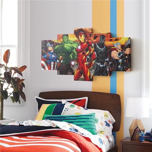 Idea Nuova Marvel Avengers Captain America, Hulk, Iron Man, Black Panther and Thor 5 Piece Canvas Printed Wall Art Décor Set, Overall 40" W x 20" H