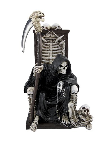 DWK - Dark Master - Grim Reaper Skeleton on Throne with Pet and Scythe Collectible Gothic Fantasy Figurine Statue Halloween Death Sculpture Home Décor Accent, 10-inch