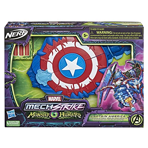 Marvel Avengers Mech Strike Monster NERF Captain America Monster Blast Shield Roleplay Toy with 3 NERF Darts, Toys for Kids Ages 5 and Up