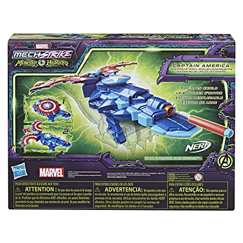 Marvel Avengers Mech Strike Monster NERF Captain America Monster Blast Shield Roleplay Toy with 3 NERF Darts, Toys for Kids Ages 5 and Up
