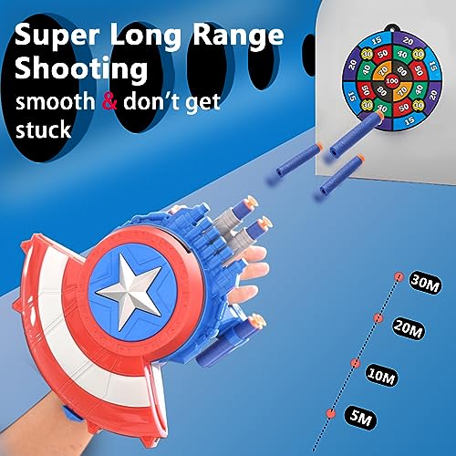 SDSSJCK Captain America Dart Shooting Shield with Double Shoot Blaster and 20 Darts for Nerf Guns Toy, Kids Boys Toddlers Gun Toys Gift for Age 3 5 7 8 12 Years Old Easter Birthday Holiday Party