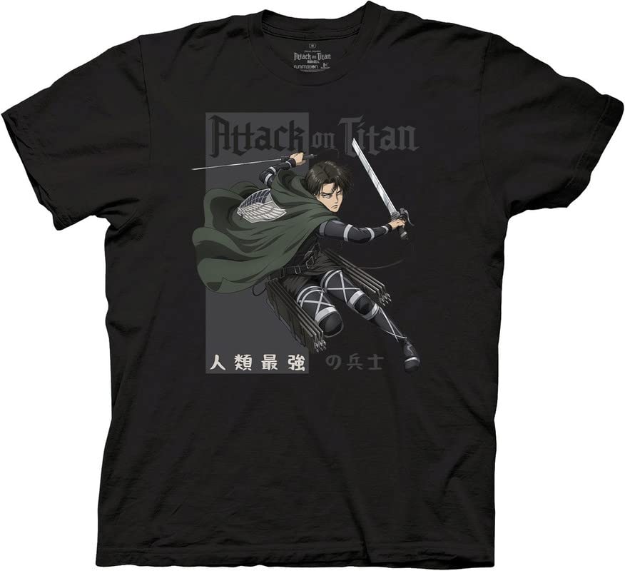 Ripple Junction Attack on Titan Men's Short Sleeve T-Shirt Levi Ackerman Humanity's Strongest Soldier Anime AOT Small Black