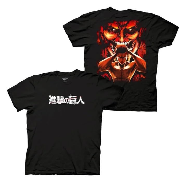 Attack on Titan Manga Men’s Short Sleeve T-Shirt Red Eren & Titan Backprint Officially Licensed XL
