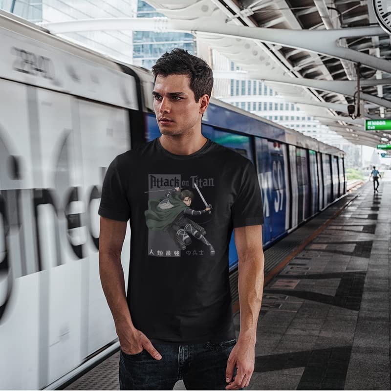 Ripple Junction Attack on Titan Men's Short Sleeve T-Shirt Levi Ackerman Humanity's Strongest Soldier Anime AOT Small Black