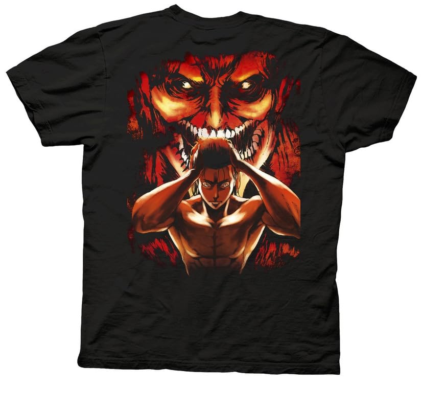 Attack on Titan Manga Men’s Short Sleeve T-Shirt Red Eren & Titan Backprint Officially Licensed XL
