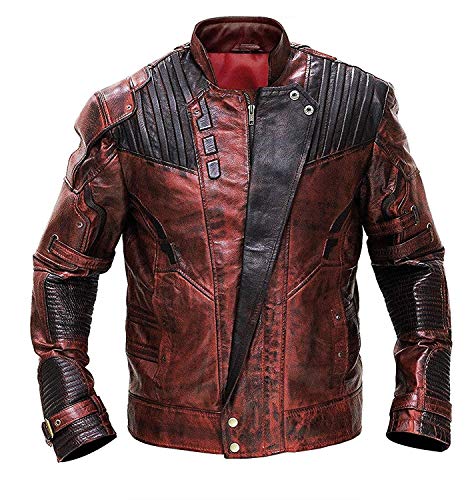 Mens Distressed Red Maroon Leather Jacket - Peter Men Quill Star Superhero Guardians Lord Leather Galaxy