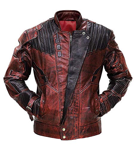Mens Distressed Red Maroon Leather Jacket - Peter Men Quill Star Superhero Guardians Lord Leather Galaxy
