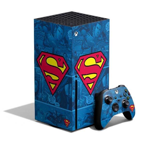 Skinit Decal Gaming Skin Compatible with Xbox Series X Bundle - Officially Licensed DC Comics Superman Logo Background Pattern Design