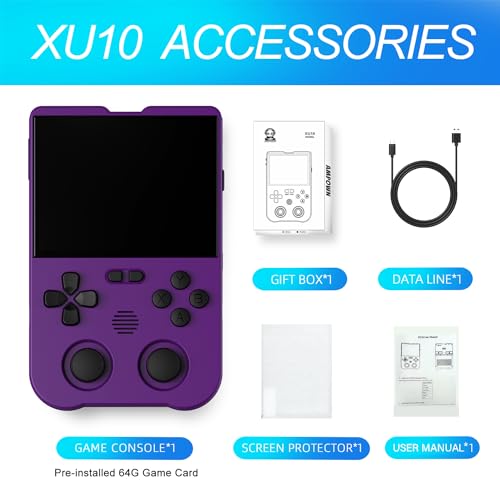 XU10 Retro Handheld Game Consoles, 3.5 inch IPS Screen, XU10 with a 64G Card Pre-Loaded 8000 Games, Support 20+ Kinds of Games Formats, with 3000 mAh Battery Life 6-8 Hours Purple