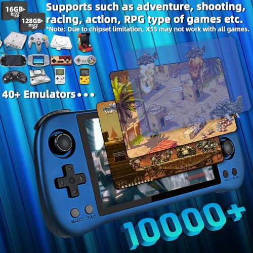 X55 Handheld Game Console 5.5 inch Portable Retro Video Hand-Held Games Consoles Rechargeable RK3566 Hand Held Classic Play System 16GB+128GB Blue