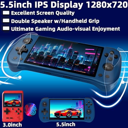 X55 Handheld Game Console 5.5 inch Portable Retro Video Hand-Held Games Consoles Rechargeable RK3566 Hand Held Classic Play System 16GB+128GB Blue