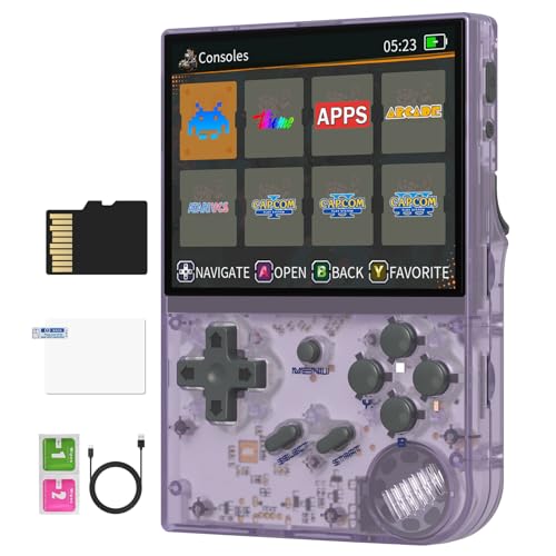RG35XX Handheld Game Console Linux Garlic OS, HDMI and TV Output 3.5 Inch IPS Screen 64G TF Card 6800+ Classic Games 2600mAh Battery ( (RG35XX-Transparent Purple Latest)