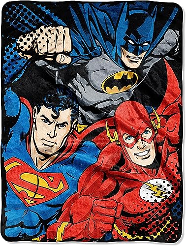 DC Comics Justice, League Trio Micro Raschel Throw Blanket, 46" x 60", Multi Color, 1 Count