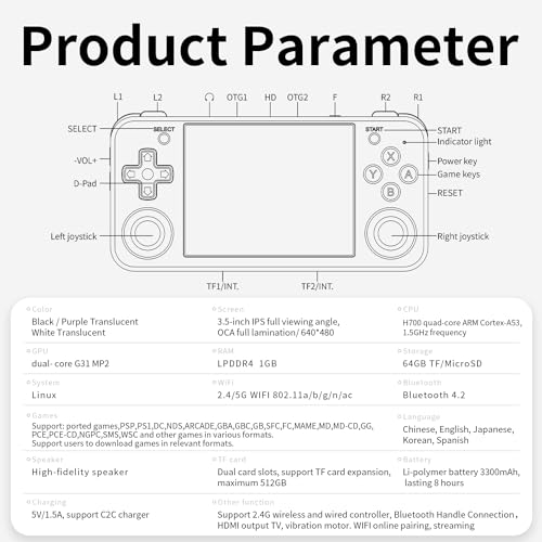 RG35XX H Handheld Game Console 3.5-in IPS Screen H700 3300mAh RG 35XX H Preinstalled Emulator System 64GB Black