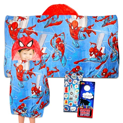 Marvel Spiderman Kids Blanket with Hood - Bundle with Spiderman Wearable Plush Blanket for Travel Sleepover Airplane Car Road Trip 50x30 Inch | Spiderman Hooded Blanket Blue