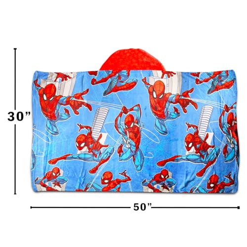 Marvel Spiderman Kids Blanket with Hood - Bundle with Spiderman Wearable Plush Blanket for Travel Sleepover Airplane Car Road Trip 50x30 Inch | Spiderman Hooded Blanket Blue