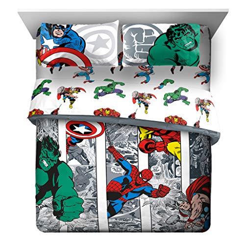 Jay Franco Marvel Avengers Comic Cool 7 Piece Queen Bed Set - Includes Comforter & Sheet Set - Bedding Features Captain America, Spiderman, Iron Man, Hulk, & Thor - Super Soft