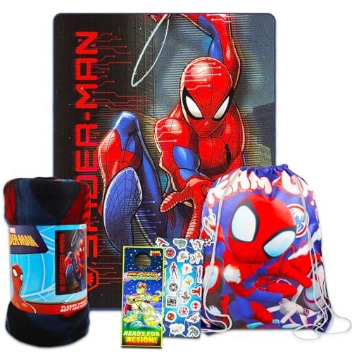Marvel Spiderman Fleece Throw Blanket and Tote Bundle - Spiderman Kids and Teens Blanket, Tote, Stickers, and More for Boys & Girls (Size 40" x 50")