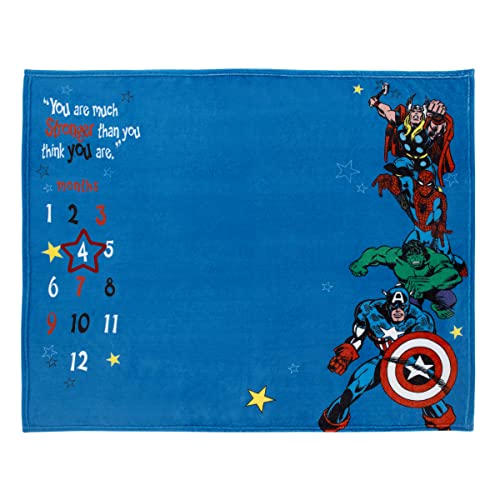 Marvel Comics Blue, Red and Green, Captain America, Hulk, Spiderman and Thor Super Soft Milestone Baby Blanket