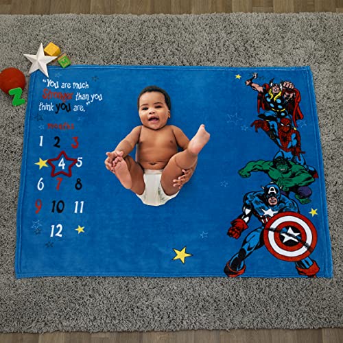 Marvel Comics Blue, Red and Green, Captain America, Hulk, Spiderman and Thor Super Soft Milestone Baby Blanket