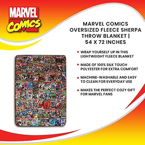 Marvel Comics Oversized Fleece Throw Blanket with Spider-Man, Captain America, Black Panther, More | Superhero Geeky Home Decor | Soft and Cozy Sherpa Blanket | 54 x 72 Inches