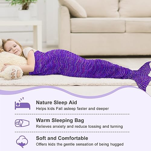 Mermaid Tail Blanket, 74''x 35'' Cozy Soft Crochet Wearable Blanket for Kids Teens Adult All Seasons Snuggle Mermaid Blanket Sleeping Bag