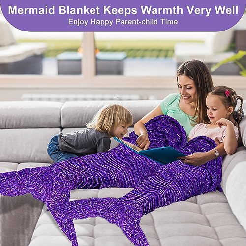 Mermaid Tail Blanket, 74''x 35'' Cozy Soft Crochet Wearable Blanket for Kids Teens Adult All Seasons Snuggle Mermaid Blanket Sleeping Bag