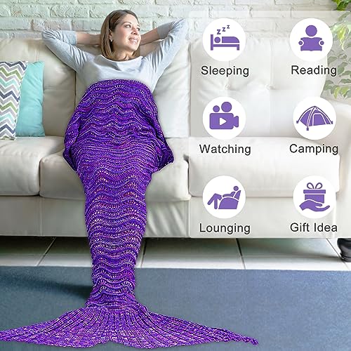 Mermaid Tail Blanket, 74''x 35'' Cozy Soft Crochet Wearable Blanket for Kids Teens Adult All Seasons Snuggle Mermaid Blanket Sleeping Bag