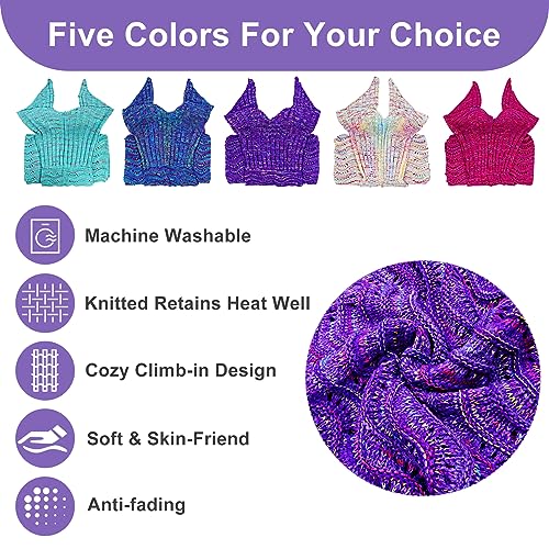 Mermaid Tail Blanket, 74''x 35'' Cozy Soft Crochet Wearable Blanket for Kids Teens Adult All Seasons Snuggle Mermaid Blanket Sleeping Bag
