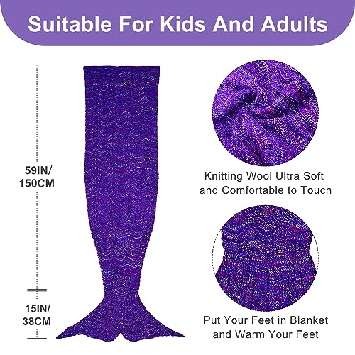 Mermaid Tail Blanket, 74''x 35'' Cozy Soft Crochet Wearable Blanket for Kids Teens Adult All Seasons Snuggle Mermaid Blanket Sleeping Bag
