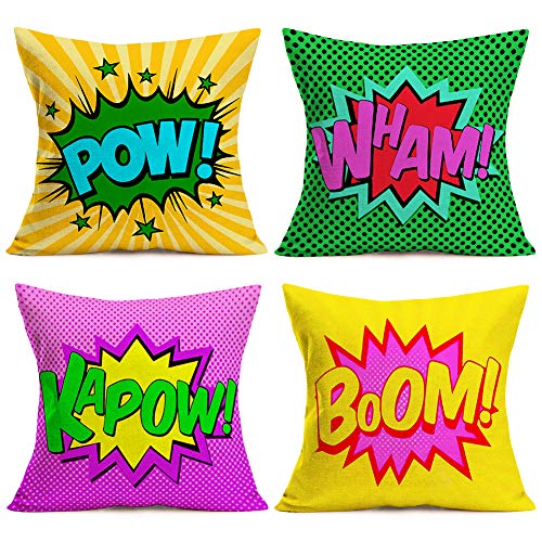 Easternproject Set of 4 Super Hero Quote Throw Pillow Case Cushion Cover Comic Book Exclamation Pattern Decorative Square 18x18 Inch Pillowcase Best Gift (Pow Wham Kapow Boom)