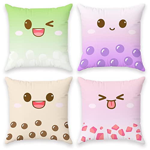 BelugaDesign Cute Throw Pillow Cases | 4 Pack Boba Bubble Tea Anime Cartoon Chibi Faces | Kawaii Decorative Living Room Decor Set for Girls (18x18, 4 Multi)