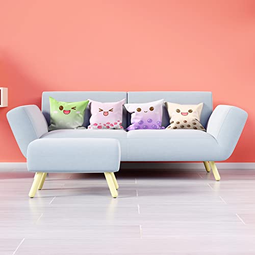 BelugaDesign Cute Throw Pillow Cases | 4 Pack Boba Bubble Tea Anime Cartoon Chibi Faces | Kawaii Decorative Living Room Decor Set for Girls (18x18, 4 Multi)