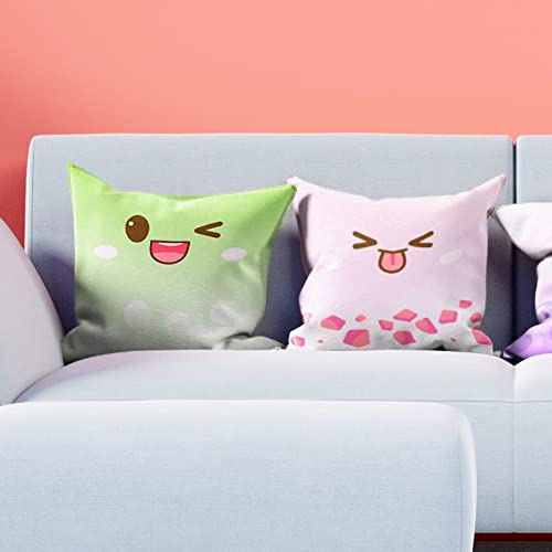 BelugaDesign Cute Throw Pillow Cases | 4 Pack Boba Bubble Tea Anime Cartoon Chibi Faces | Kawaii Decorative Living Room Decor Set for Girls (18x18, 4 Multi)