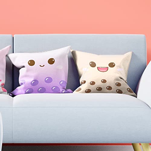 BelugaDesign Cute Throw Pillow Cases | 4 Pack Boba Bubble Tea Anime Cartoon Chibi Faces | Kawaii Decorative Living Room Decor Set for Girls (18x18, 4 Multi)
