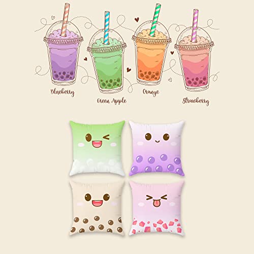 BelugaDesign Cute Throw Pillow Cases | 4 Pack Boba Bubble Tea Anime Cartoon Chibi Faces | Kawaii Decorative Living Room Decor Set for Girls (18x18, 4 Multi)
