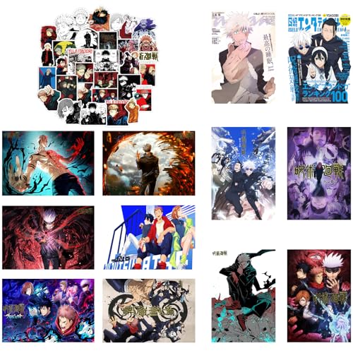 MiodiyaArt Anime Jujutsu Poster 12 Pcs (with 50 pcs Anime Kaisen Stickers) 16.5 x 11.5 inch Wall Decor Merch Art Prints HD Posters for Fans