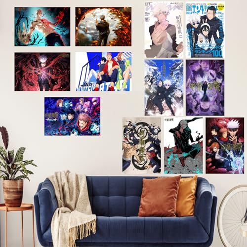 MiodiyaArt Anime Jujutsu Poster 12 Pcs (with 50 pcs Anime Kaisen Stickers) 16.5 x 11.5 inch Wall Decor Merch Art Prints HD Posters for Fans