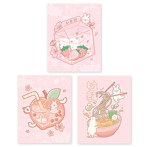Kawaii Bunny Wall Art - Set of 3 Posters - Japanese Aesthetic Gamer Girl Room Decor - Strawberry Milk and Ramen Drawing Posters Anime Cottagecore- 8x10 - Unframed