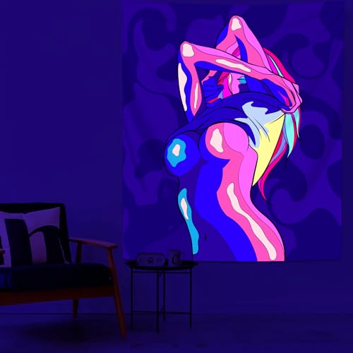 QGHOT Anime Girl Tapestries, Sexy Blacklight Trippy Tapestry for Adults Sex Art Wall Hanging Anime Naked Girl Sexy Posters Wall Tapestry for Adult Bedroom College Dorm Decor 60x50 in