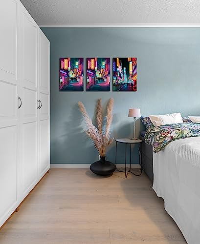 Anime Posters Japanese Wall Art Framed 3 Pieces Tokyo Neon Streets Night Japan City Wall Decor Poster for Living Room Bedroom Bathroom Japanese Room Decor Stretched Ready to Hang